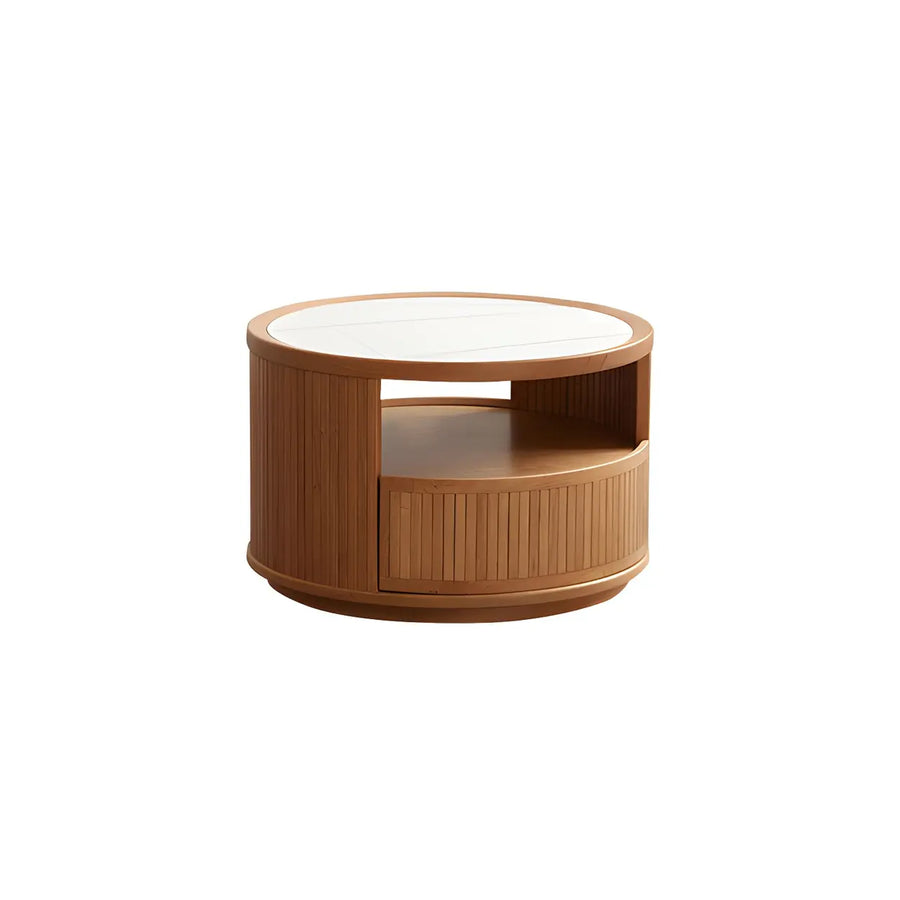 Natural-White Wooden Round Coffee Table with Storage