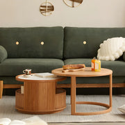 Natural-White Wooden Round Coffee Table with Storage