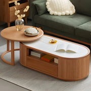 Natural-White Wooden Round Coffee Table with Storage