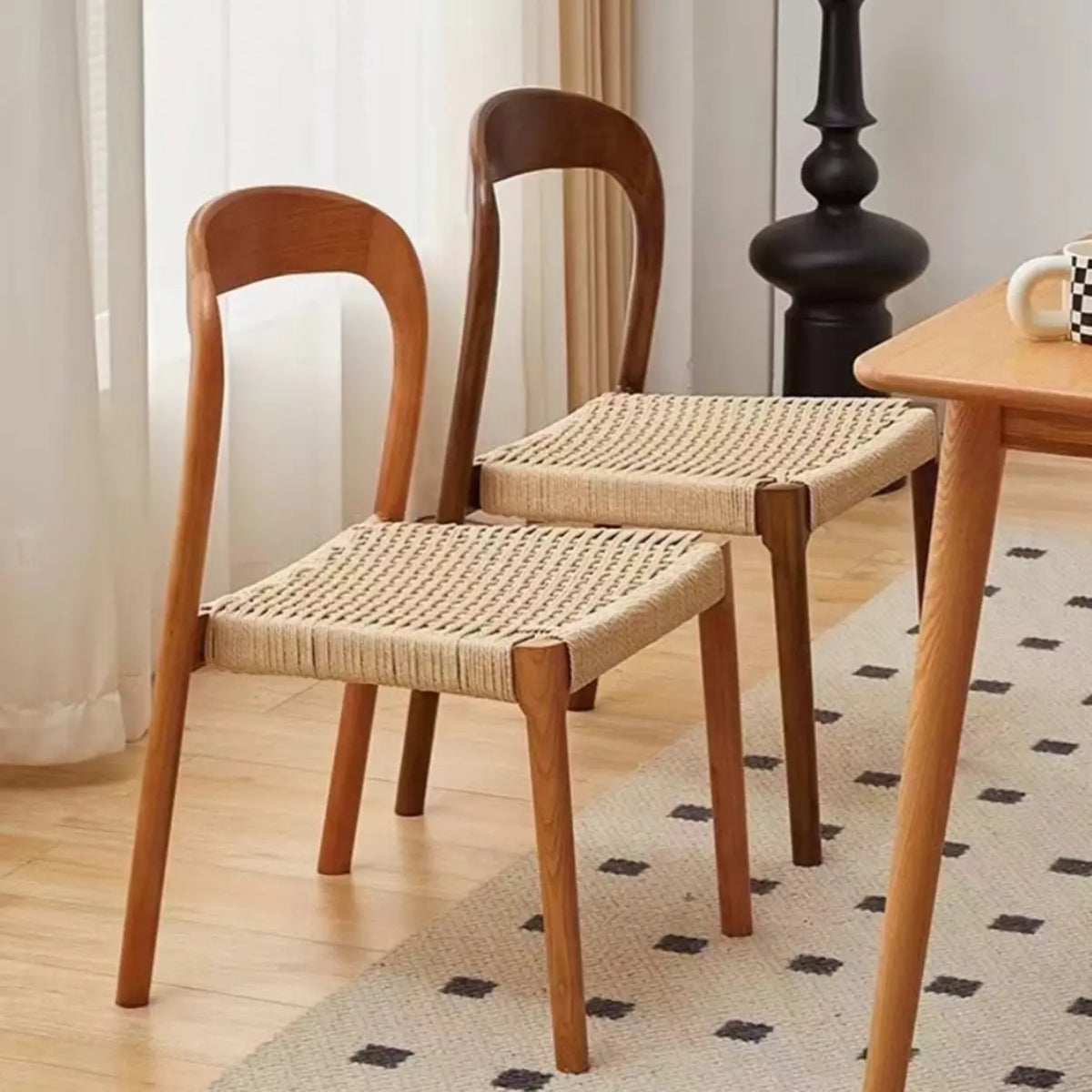 Natural Wood Braided Rope Seat Armless Dining Chair