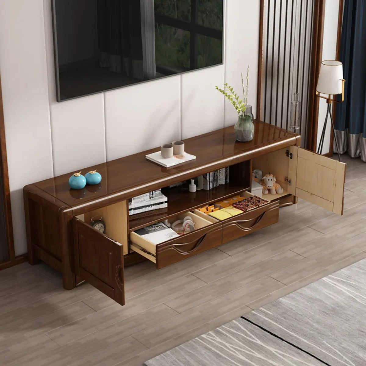 Nut-Brown Finish Wooden TV Stand with Cabinet Shelves
