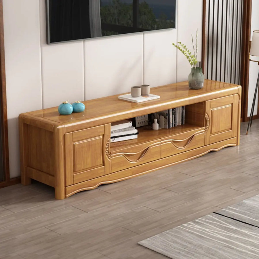 Nut-Brown Finish Wooden TV Stand with Cabinet Shelves