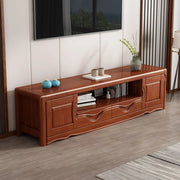 Nut-Brown Finish Wooden TV Stand with Cabinet Shelves