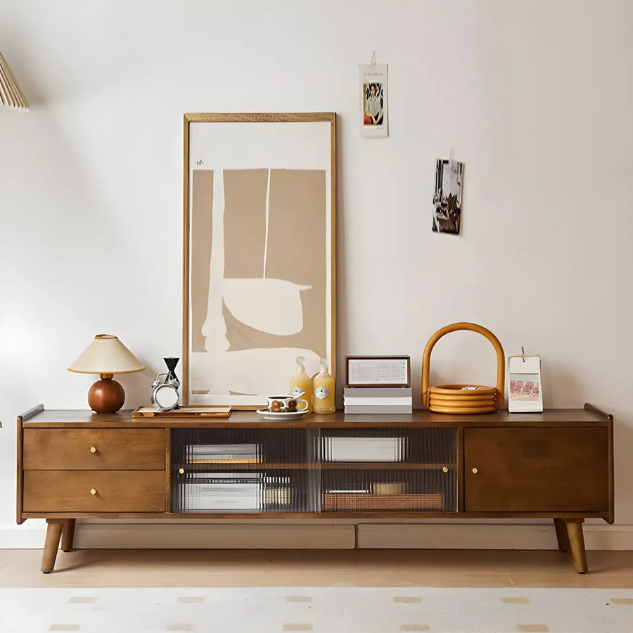 Nut-Brown Wood Drawers Open Storage TV Stand with Legs