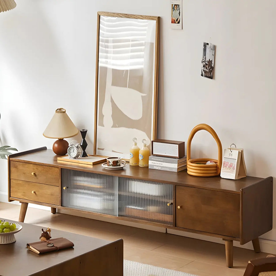 Nut-Brown Wood Drawers Open Storage TV Stand with Legs