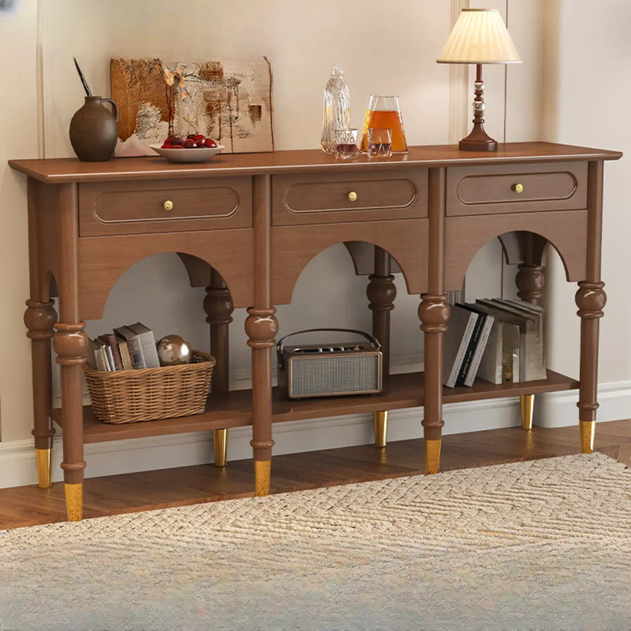 Nut-Brown Wood Foyer Storage Console Table with Shelves