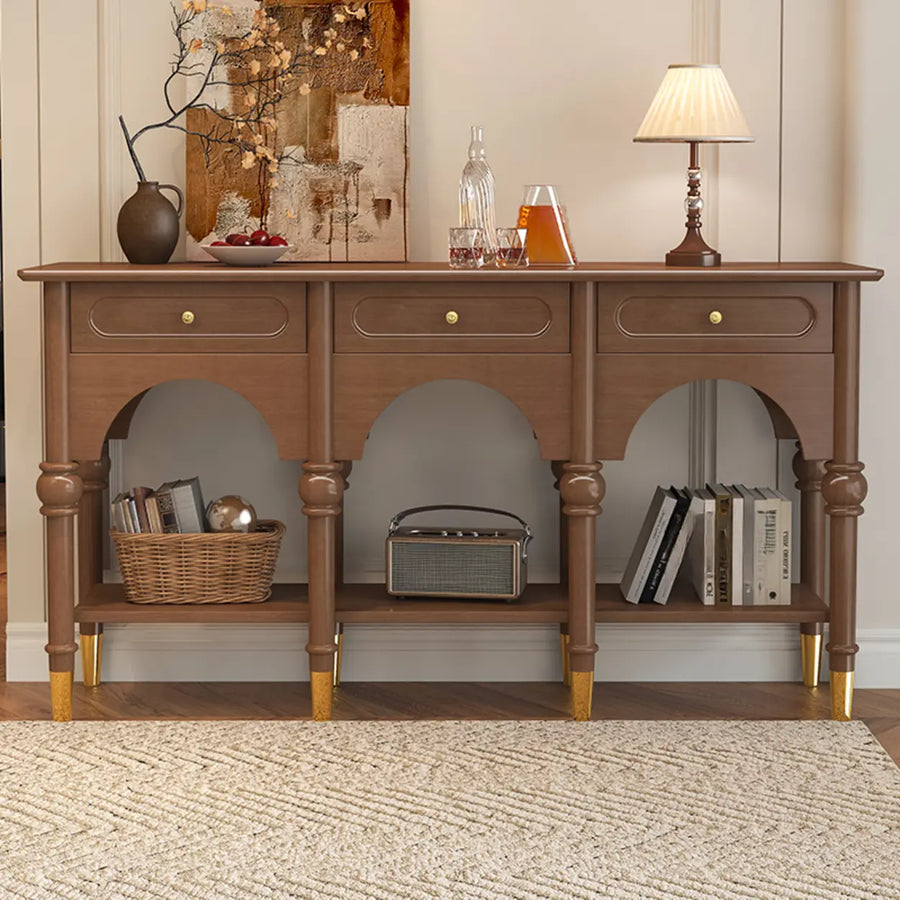 Nut-Brown Wood Foyer Storage Console Table with Shelves