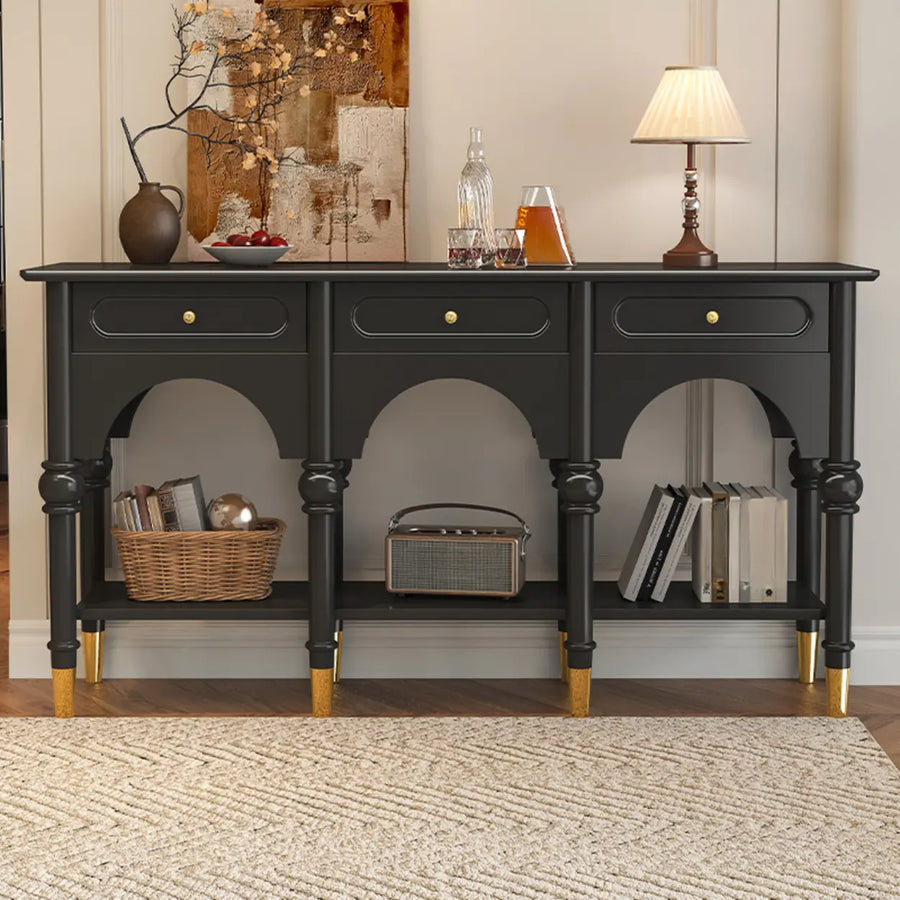 Nut-Brown Wood Foyer Storage Console Table with Shelves
