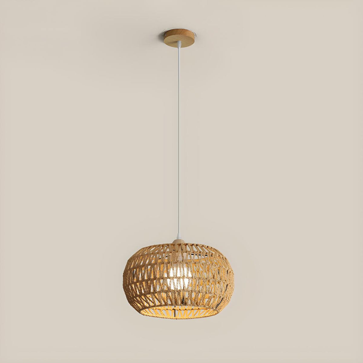 Oriental Natural Brown Rattan Woven Drum Pendant Light