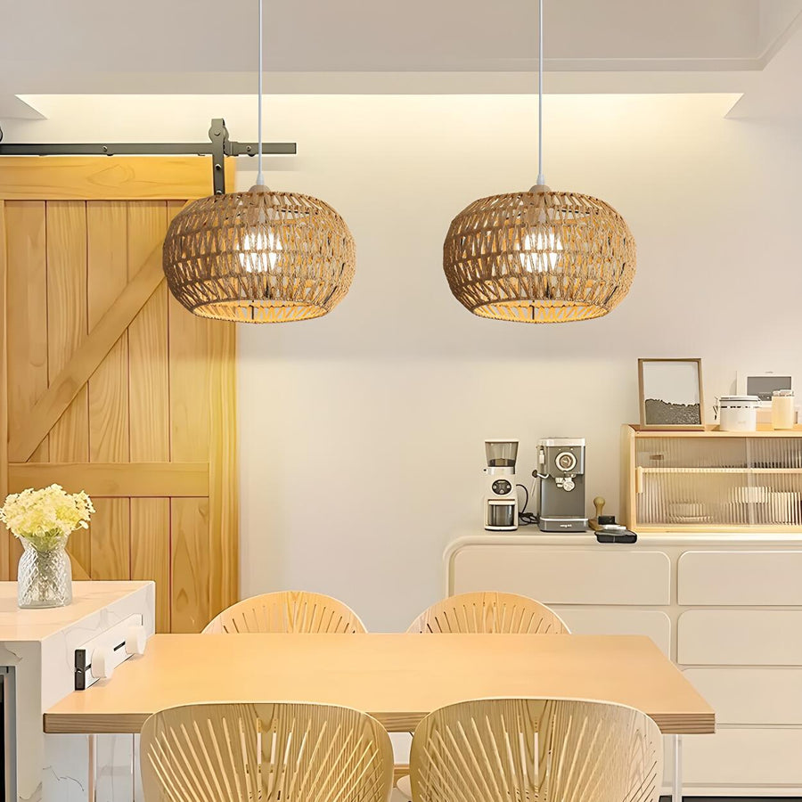 Oriental Natural Brown Rattan Woven Drum Pendant Light
