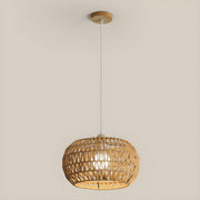 Oriental Natural Brown Rattan Woven Drum Pendant Light