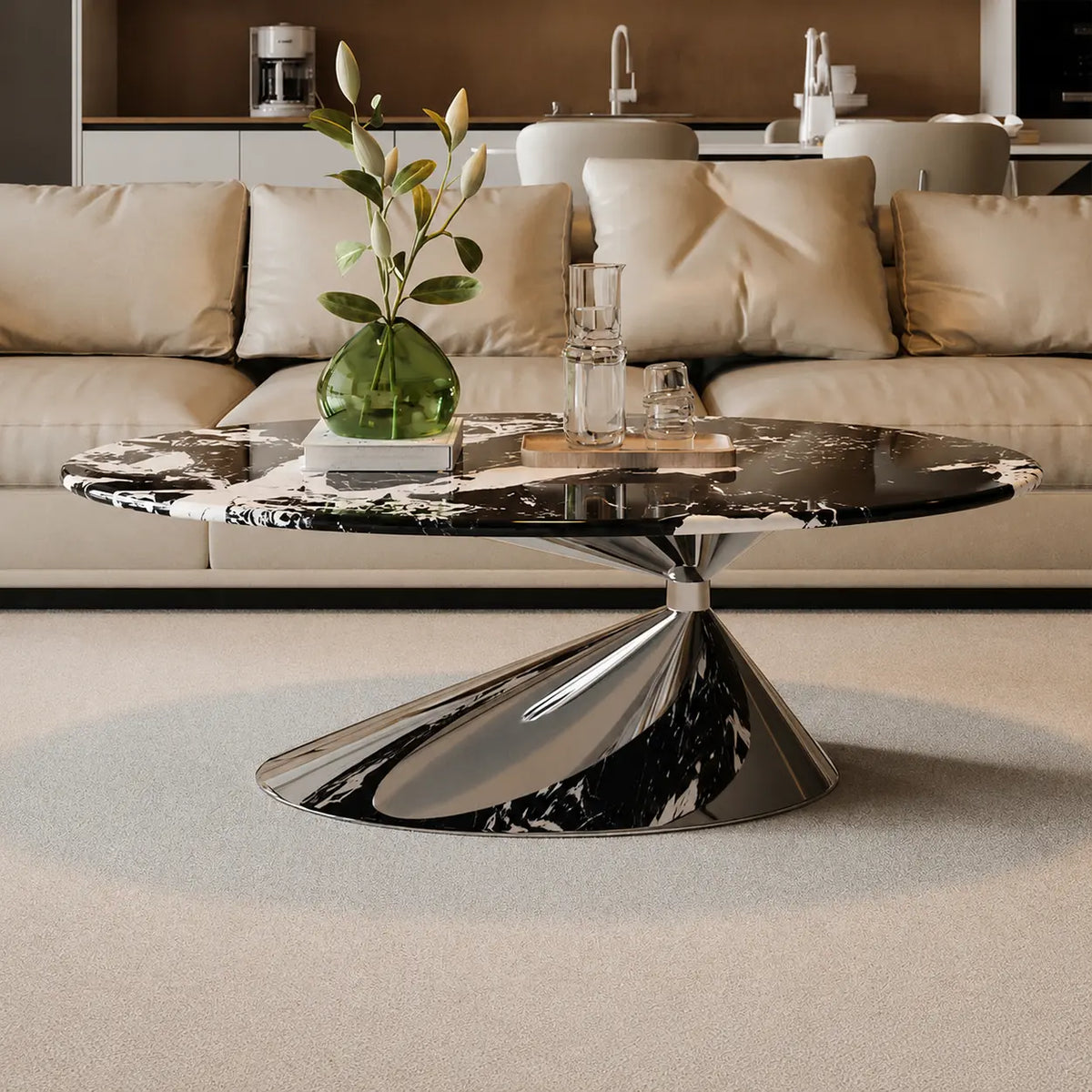 Oval Black Marble Coffee Table with Stainless Steel Base