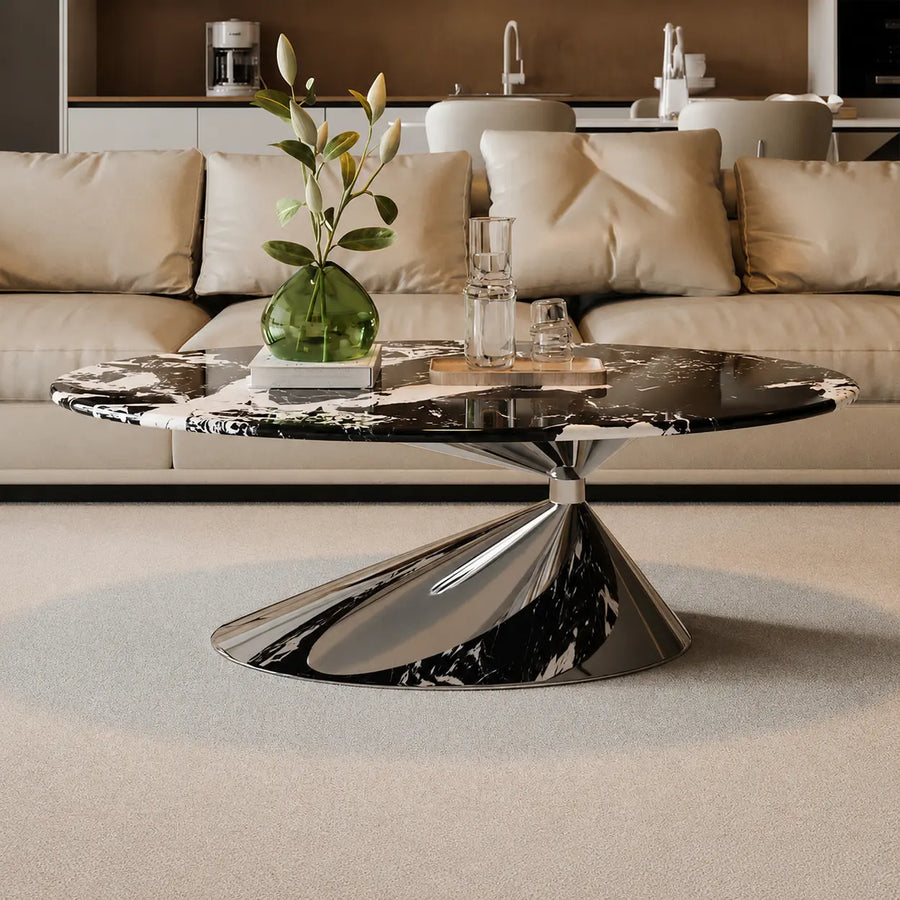 Oval Black Marble Coffee Table with Stainless Steel Base