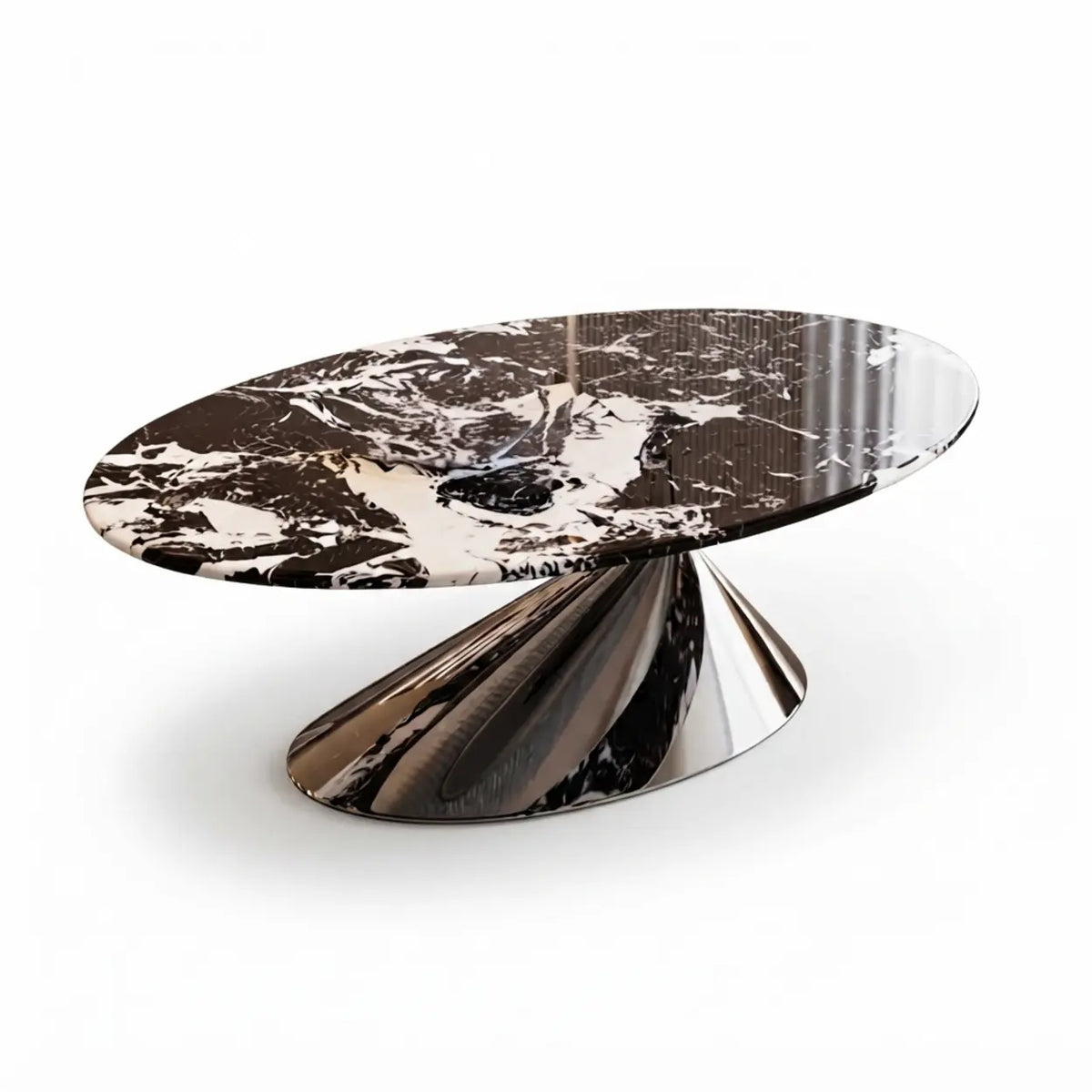 Oval Black Marble Coffee Table with Stainless Steel Base