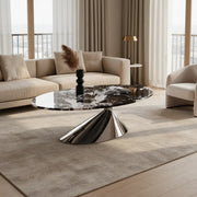 Oval Black Marble Coffee Table with Stainless Steel Base