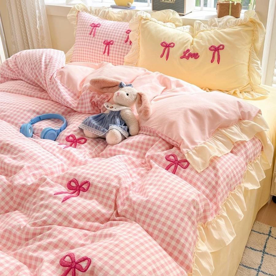 Pastel Pink Gingham with Bows Bedding Set