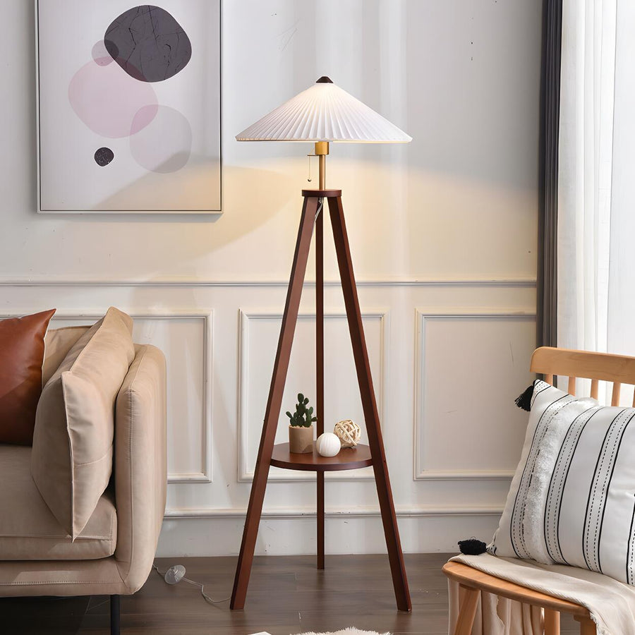 Pleated Cone Wooden Tripod Floor Lamp with Shelf