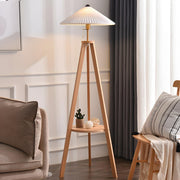 Pleated Cone Wooden Tripod Floor Lamp with Shelf