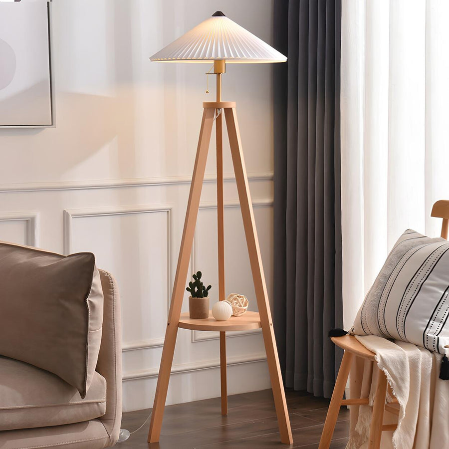 Pleated Cone Wooden Tripod Floor Lamp with Shelf