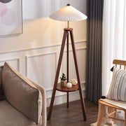 Pleated Cone Wooden Tripod Floor Lamp with Shelf