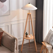 Pleated Cone Wooden Tripod Floor Lamp with Shelf
