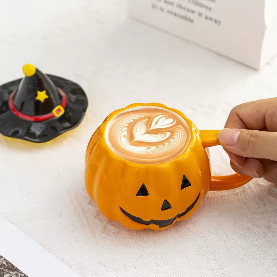 Pumpkin Witch Hat Ceramic Mug with Lid
