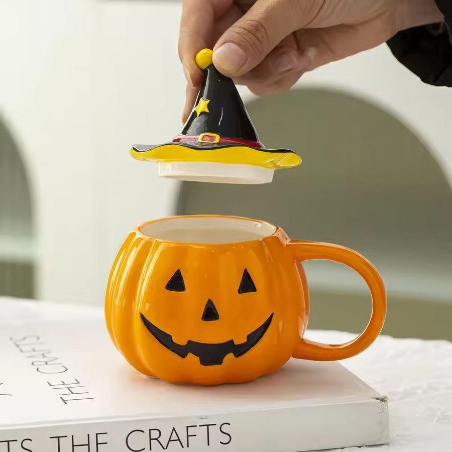 Pumpkin Witch Hat Ceramic Mug with Lid