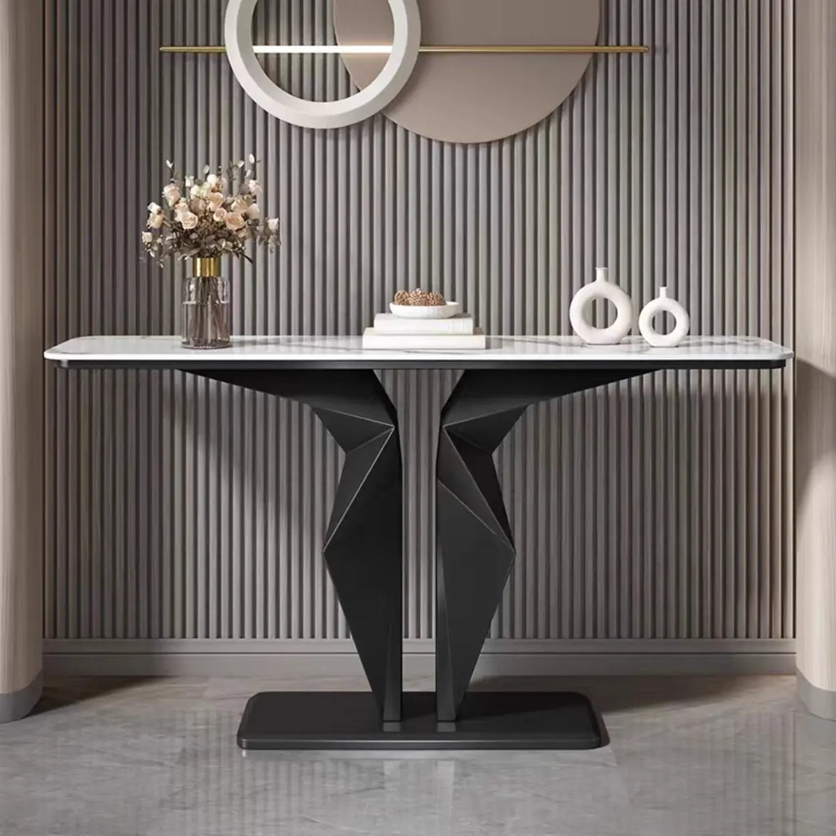 Rectangular Stone Black Abstract Display Console Table
