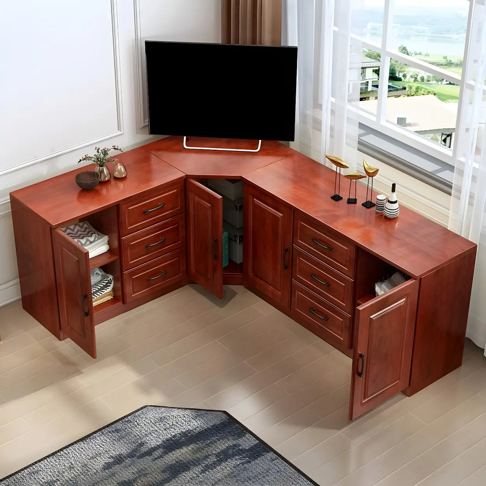 Red Brown Wood Cabinet Drawers Corner Unit TV Stand