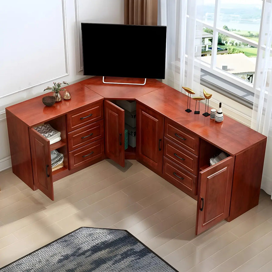 Red Brown Wood Cabinet Drawers Corner Unit TV Stand