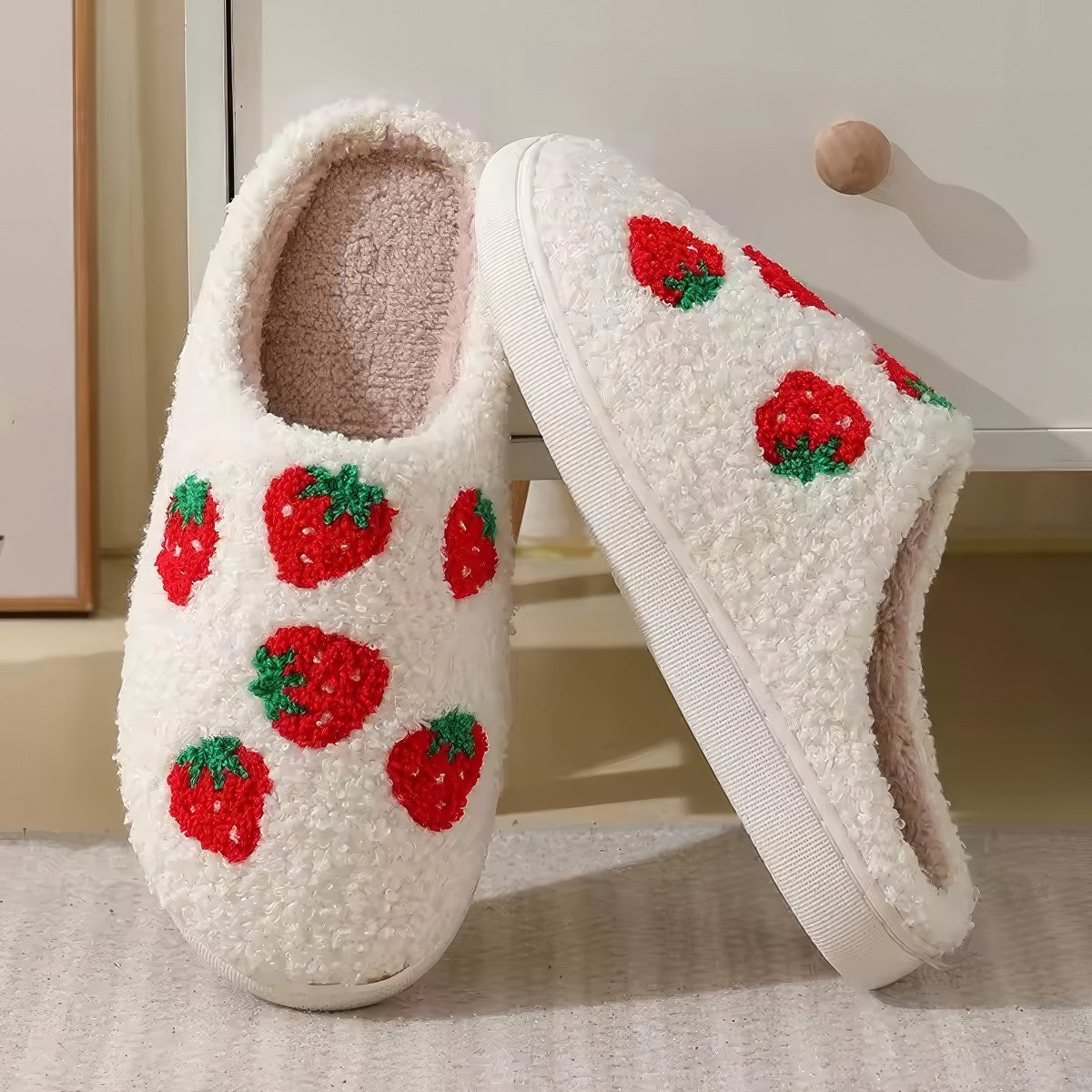 Red Strawberries Soft Plush House Slippers