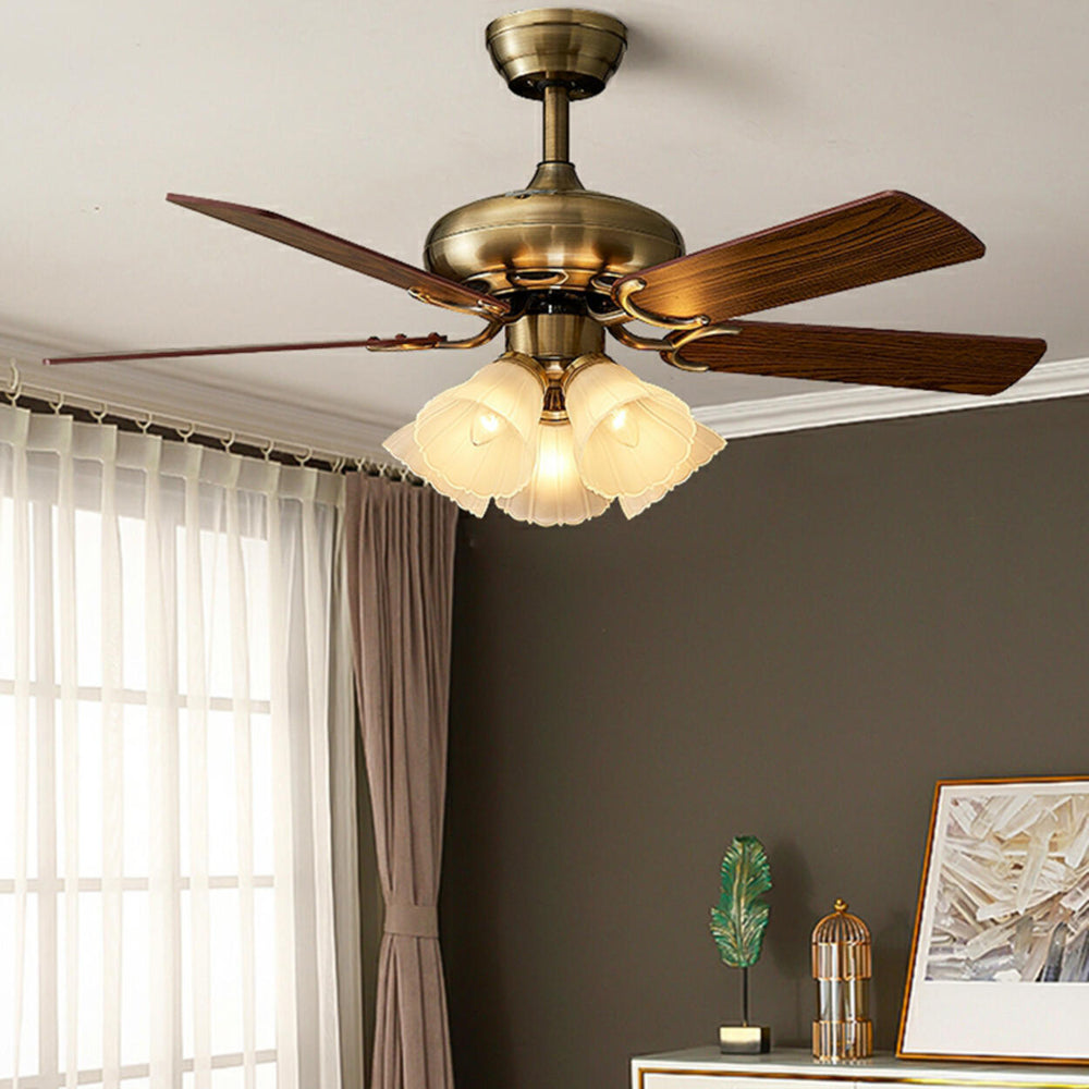 Retro Floral Shade 5 Wood Blade Brass Ceiling Fan Light