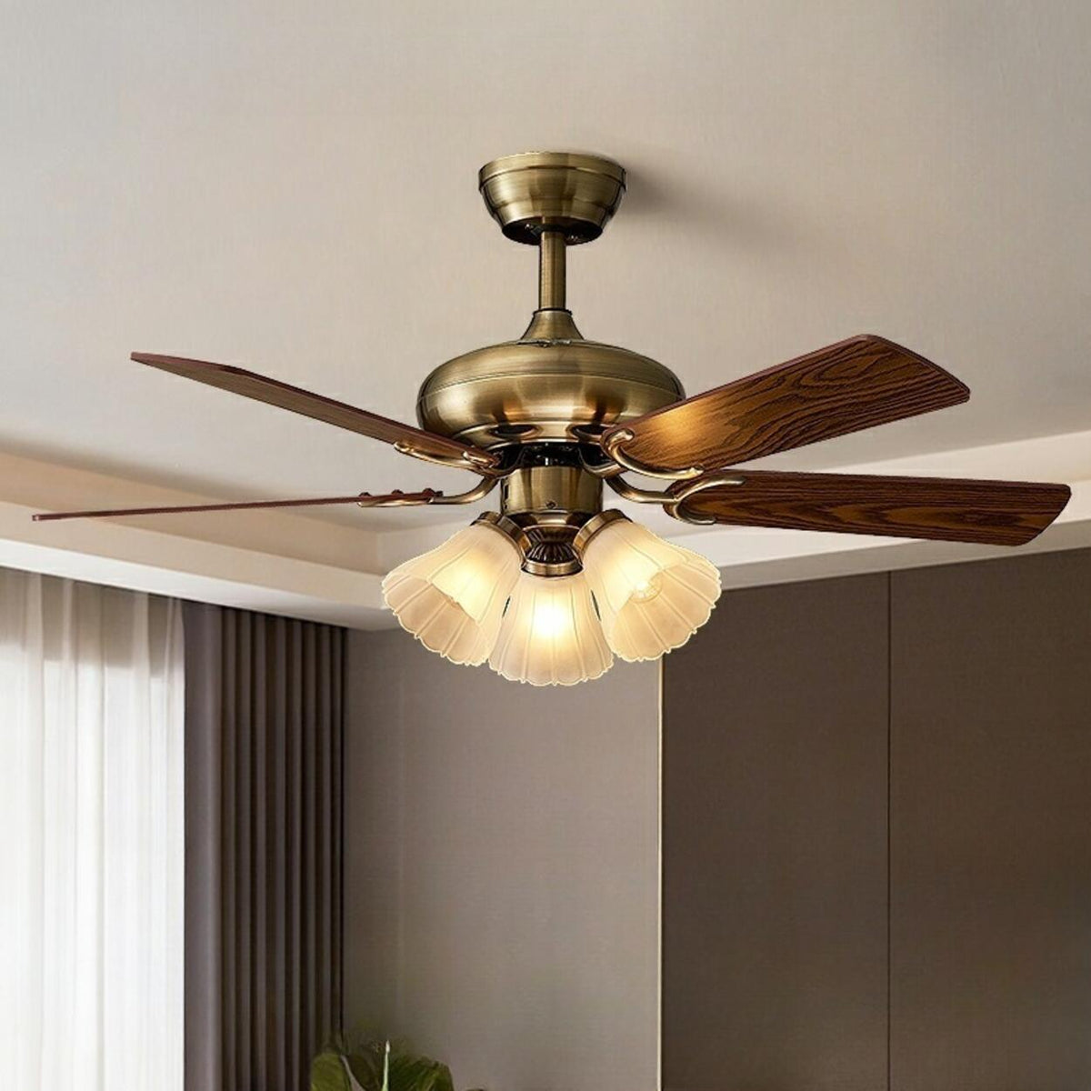 Retro Floral Shade 5 Wood Blade Brass Ceiling Fan Light