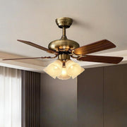 Retro Floral Shade 5 Wood Blade Brass Ceiling Fan Light
