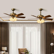 Retro Floral Shade 5 Wood Blade Brass Ceiling Fan Light