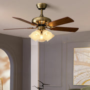 Retro Floral Shade 5 Wood Blade Brass Ceiling Fan Light