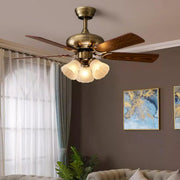 Retro Floral Shade 5 Wood Blade Brass Ceiling Fan Light