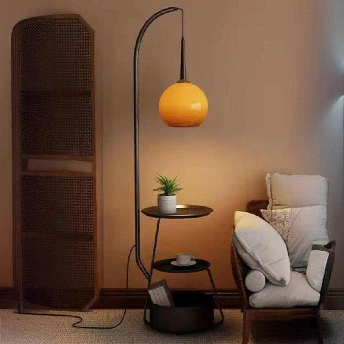 Retro Orange Glass Globe Arc Floor Lamp with Shelf Storage