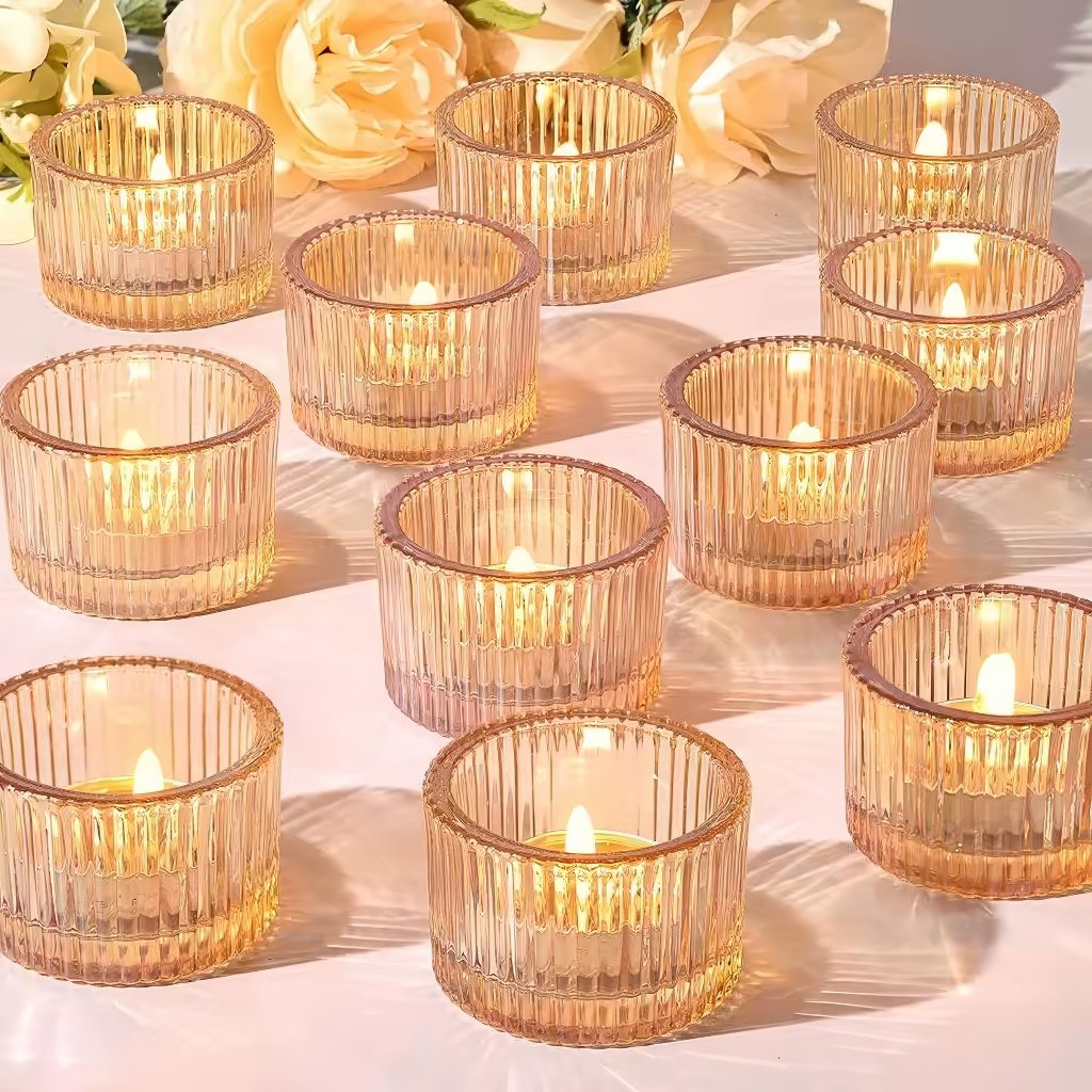 Ribbed Glass Tealight Candle Holder Set