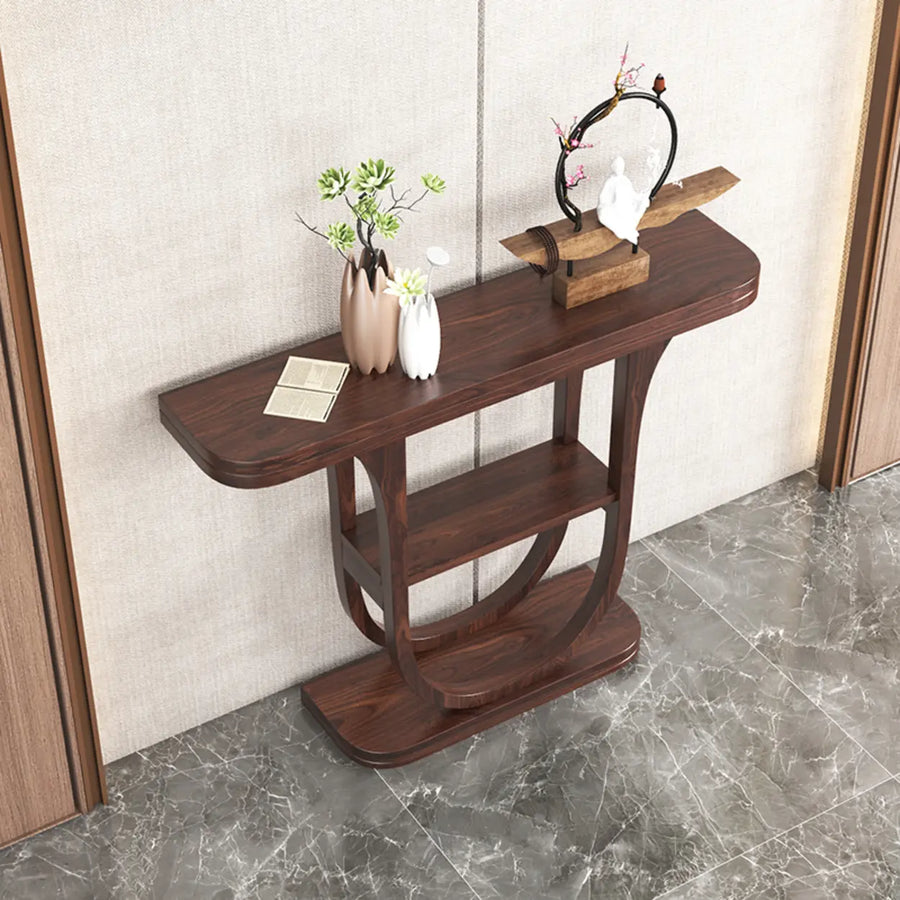 Rich Brown Demilune Wood U-Shaped Console Table with Shelf