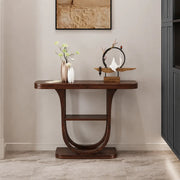 Rich Brown Demilune Wood U-Shaped Console Table with Shelf