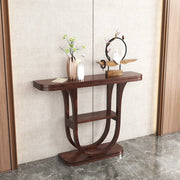 Rich Brown Demilune Wood U-Shaped Console Table with Shelf
