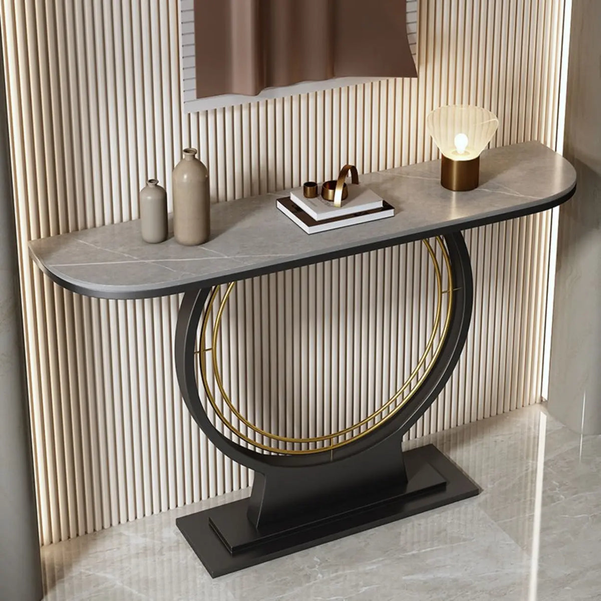 Ring Base Half Moon Sintered Stone Top Console Table