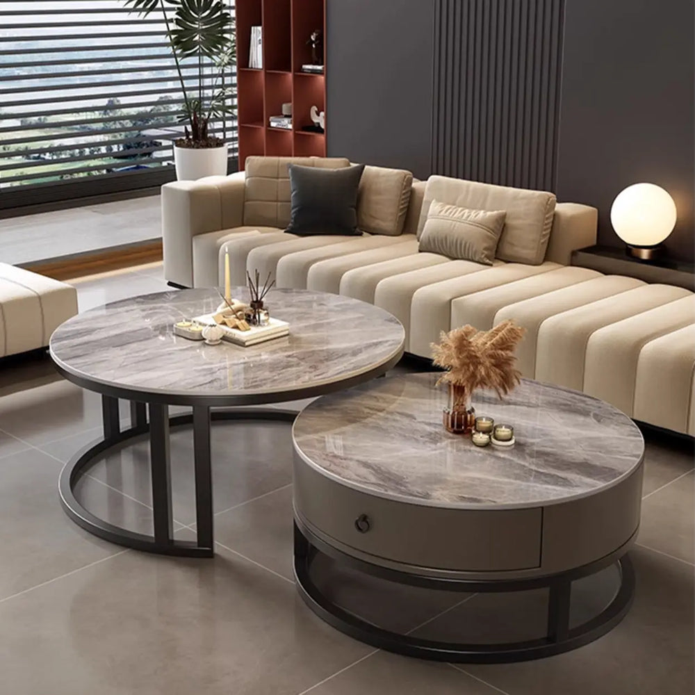 Round Stone Steel Frame Storage Nesting Coffee Tables