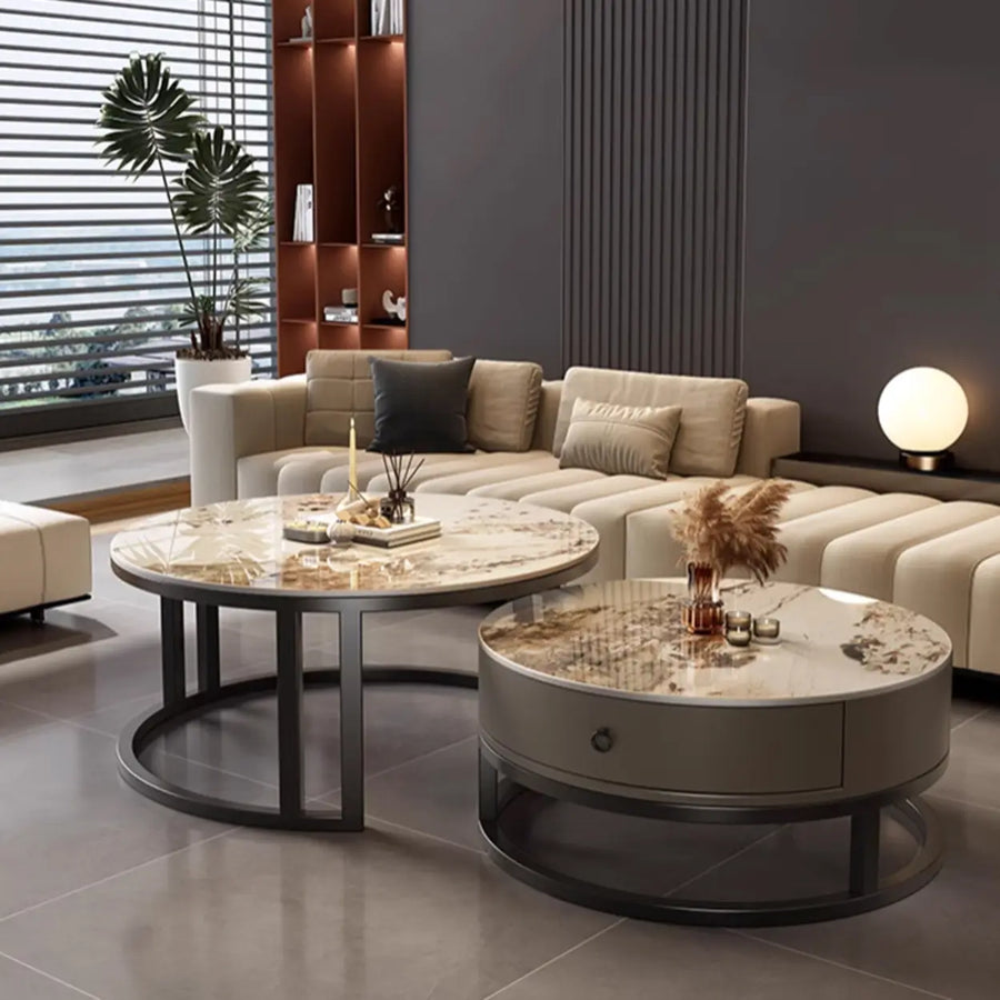 Round Stone Steel Frame Storage Nesting Coffee Tables