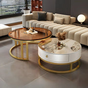 Round Stone Steel Frame Storage Nesting Coffee Tables