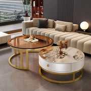 Round Stone Steel Frame Storage Nesting Coffee Tables