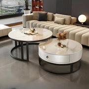 Round Stone Steel Frame Storage Nesting Coffee Tables