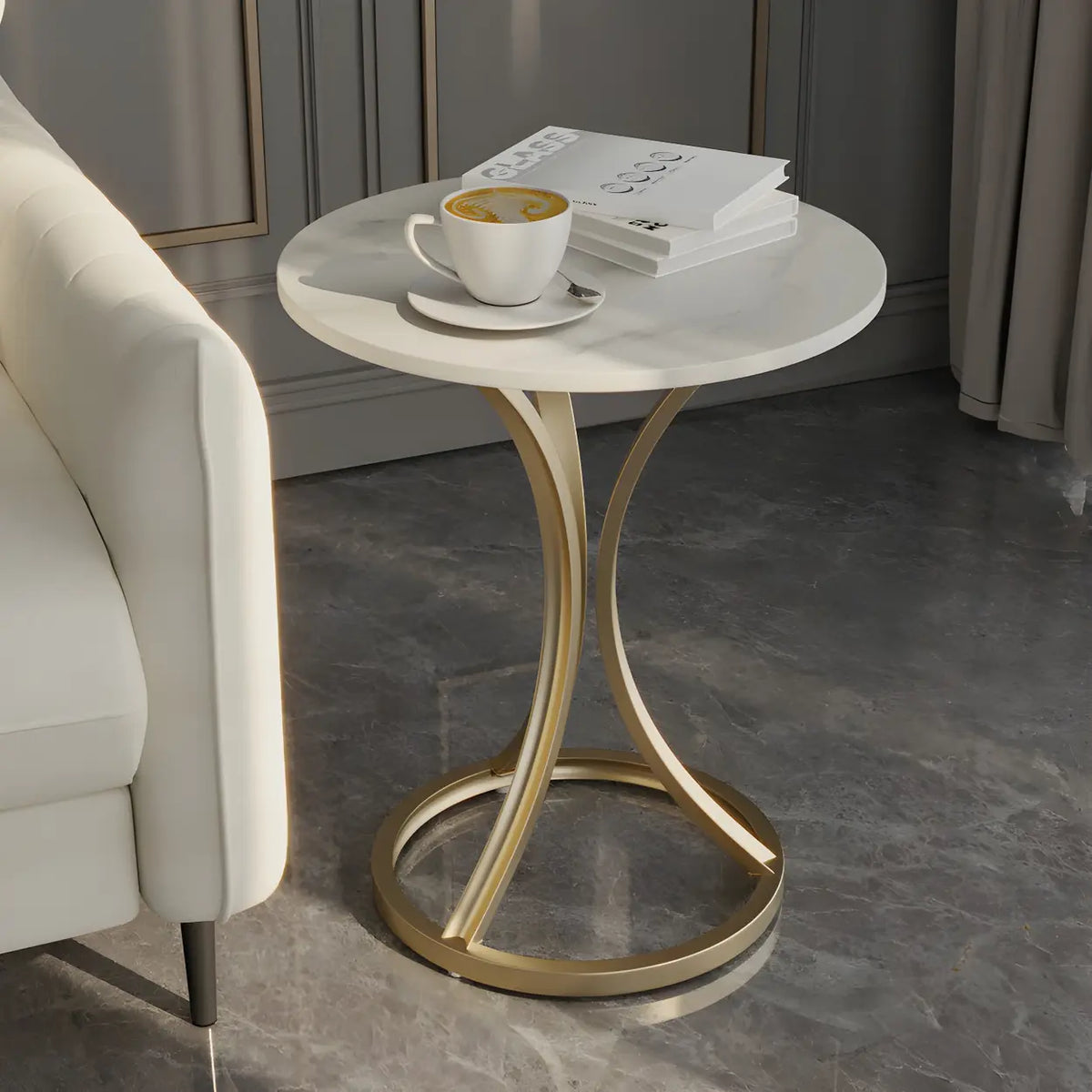 Round Stone Top Gold Metal Standard Height End Table