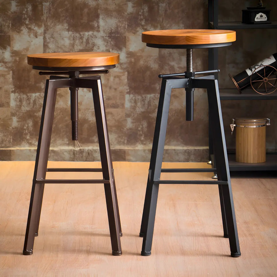 Round Wood Backless Metal Four Legs Counter Bar Stool